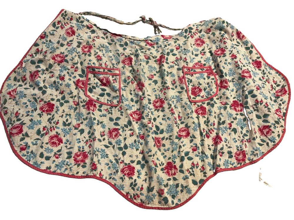 Vintage Floral Print Half Apron Tie Back Rick Rack Granny Chic 40’s 50’s Pocket